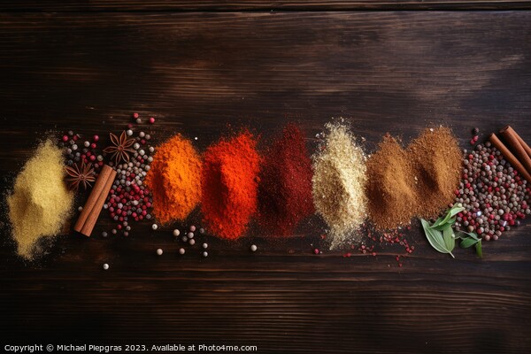 Top view of a lot of spices on a wooden table with copy space cr Picture Board by Michael Piepgras