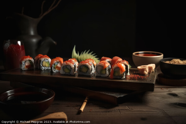 Very tasty sushi served on a dark wooden plate with chopsticks a Picture Board by Michael Piepgras