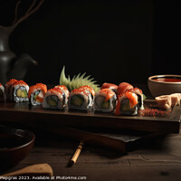 Buy canvas prints of Very tasty sushi served on a dark wooden plate with chopsticks a by Michael Piepgras