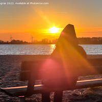 Buy canvas prints of Beautiful and romantic sunset at a lake in yellow and orange col by Michael Piepgras