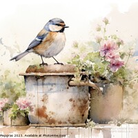 Buy canvas prints of Beautiful watercolor singing bird in a garden on a white backgro by Michael Piepgras