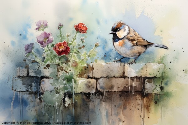 Beautiful watercolor singing bird in a garden on a white backgro Picture Board by Michael Piepgras