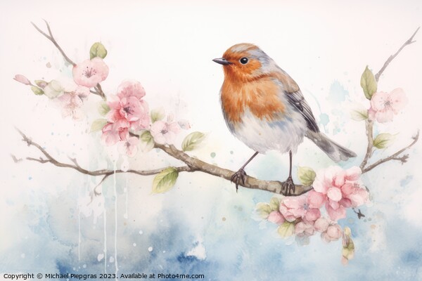 Beautiful watercolor singing bird in a garden on a white backgro Picture Board by Michael Piepgras