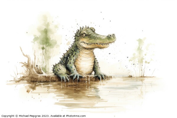 Watercolor painting of a cute crocodile on a white background. Picture Board by Michael Piepgras