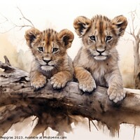 Buy canvas prints of Watercolor painting of lion cubs on a white background. by Michael Piepgras