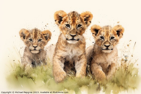Watercolor painting of lion cubs on a white background. Picture Board by Michael Piepgras