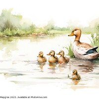 Buy canvas prints of Watercolor painting of ducklings and mom on a white background. by Michael Piepgras