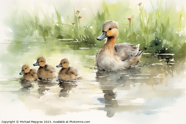 Watercolor painting of ducklings and mom on a white background. Picture Board by Michael Piepgras