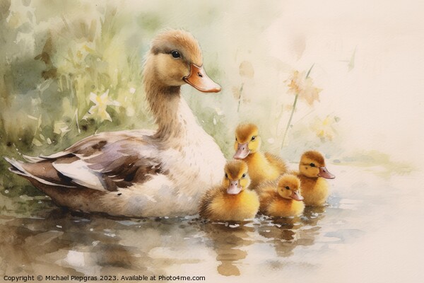 Watercolor painting of ducklings and mom on a white background. Picture Board by Michael Piepgras