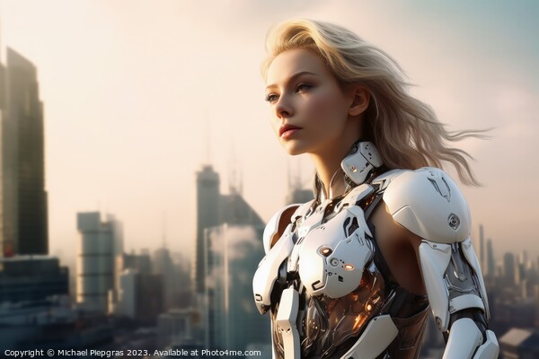 A beautiful female cyborg in front of a futuristic city created  Picture Board by Michael Piepgras