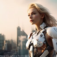 Buy canvas prints of A beautiful female cyborg in front of a futuristic city created  by Michael Piepgras