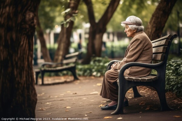 A lonely retired woman on a bench created with generative AI tec Picture Board by Michael Piepgras