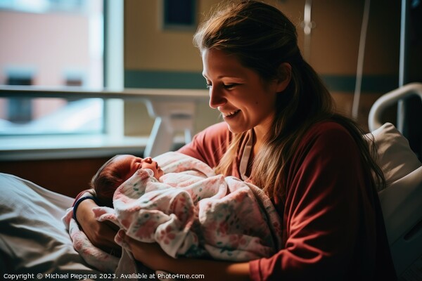 A mother holds her just born baby in her arms in a hospital bed  Picture Board by Michael Piepgras