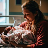 Buy canvas prints of A mother holds her just born baby in her arms in a hospital bed  by Michael Piepgras