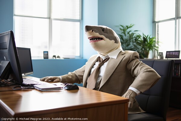 A white shark sitting in an office wearing a business suit creat Picture Board by Michael Piepgras