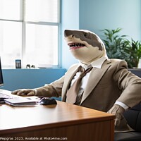 Buy canvas prints of A white shark sitting in an office wearing a business suit creat by Michael Piepgras