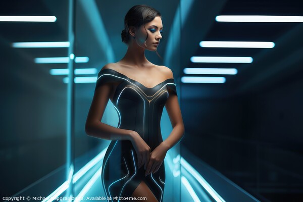 A woman in a futuristic elegant dress created with generative AI Picture Board by Michael Piepgras