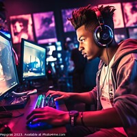 Buy canvas prints of A young person sits at a gaming PC and plays a game created with by Michael Piepgras