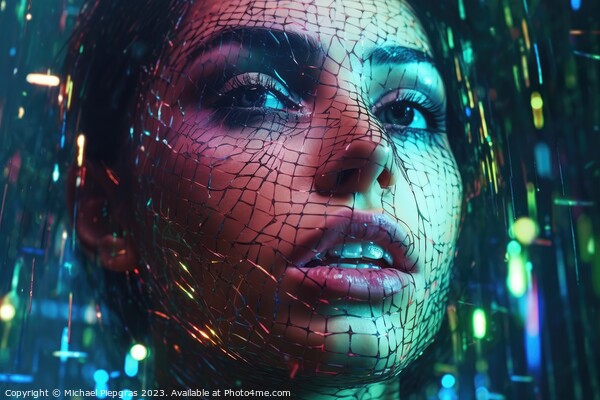Close up of a beautiful cyberspace female face in a chaotic surr Picture Board by Michael Piepgras