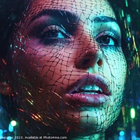 Buy canvas prints of Close up of a beautiful cyberspace female face in a chaotic surr by Michael Piepgras