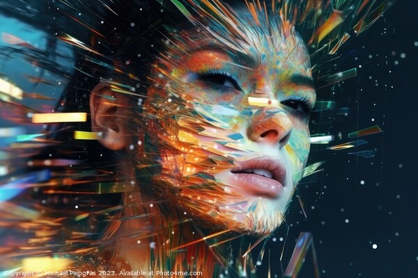Close up of a beautiful cyberspace female face in a chaotic surr Picture Board by Michael Piepgras