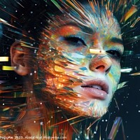 Buy canvas prints of Close up of a beautiful cyberspace female face in a chaotic surr by Michael Piepgras