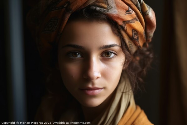 Close up view of a young woman with a headscarf created with gen Picture Board by Michael Piepgras