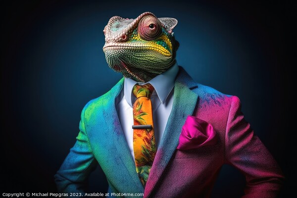 A Chameleon in a colorful suit created with generative AI techno Picture Board by Michael Piepgras