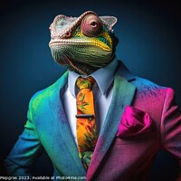 Buy canvas prints of A Chameleon in a colorful suit created with generative AI techno by Michael Piepgras