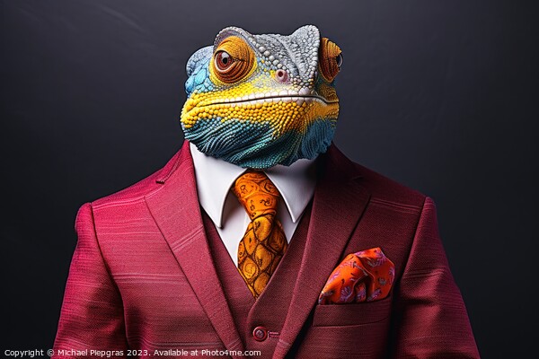 A Chameleon in a colorful suit created with generative AI techno Picture Board by Michael Piepgras