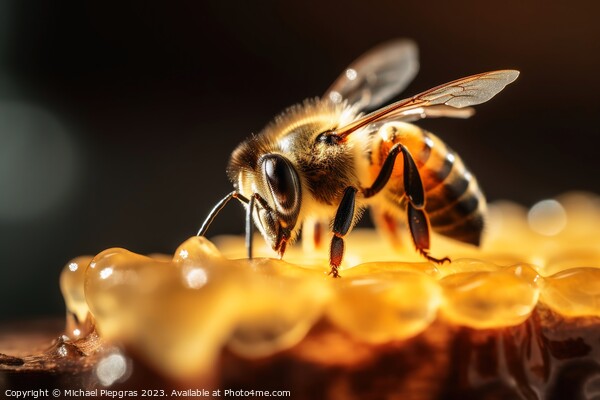 Close up of a bee on honey created with generative AI technology Picture Board by Michael Piepgras