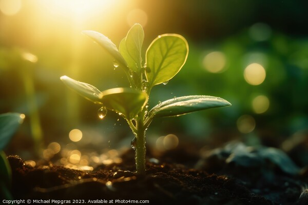 Seedling in dark soil with a drop of water in the sunlight creat Picture Board by Michael Piepgras