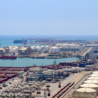 Buy canvas prints of Aerial View of the industrial port of Barcelona on a sunny summer day. by Michael Piepgras