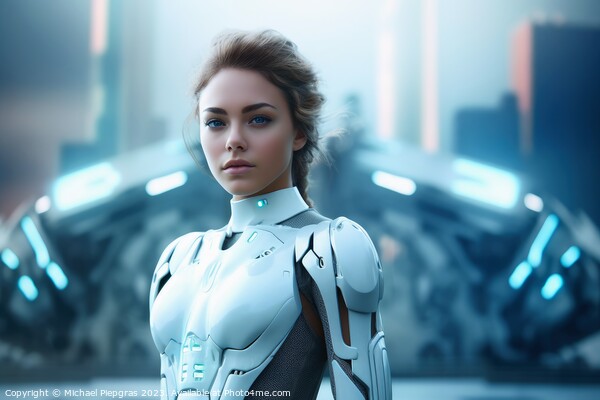 A beautiful female cyborg in front of a futuristic city created  Picture Board by Michael Piepgras