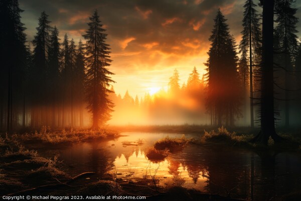 A sunrise in a misty forest. Picture Board by Michael Piepgras