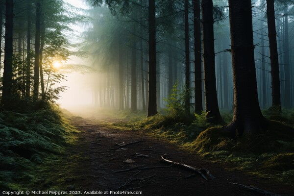 A sunrise in a misty forest. Picture Board by Michael Piepgras