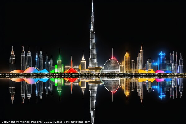 A skyline of a big city in the night with water reflections. Picture Board by Michael Piepgras