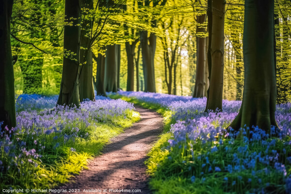 Lonely Footpath through some blue bell flowers in a forest lands Picture Board by Michael Piepgras