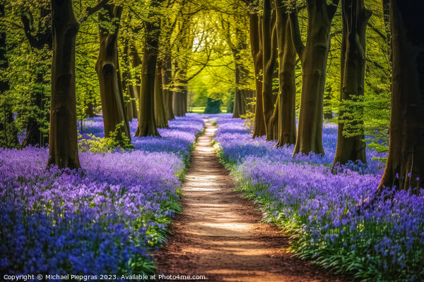 Lonely Footpath through some blue bell flowers in a forest lands Picture Board by Michael Piepgras