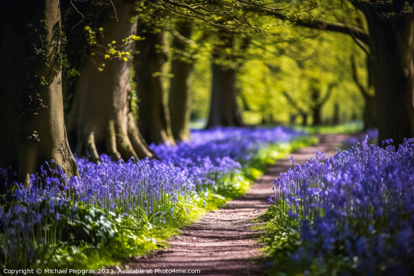 Lonely Footpath through some blue bell flowers in a forest lands Picture Board by Michael Piepgras