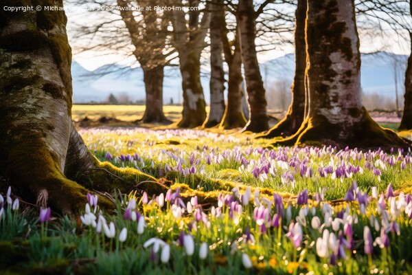 A deciduous forest in spring with a sea of crocus flowers on the Picture Board by Michael Piepgras