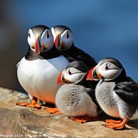 Buy canvas prints of Puffin birds with babies at a coast. by Michael Piepgras
