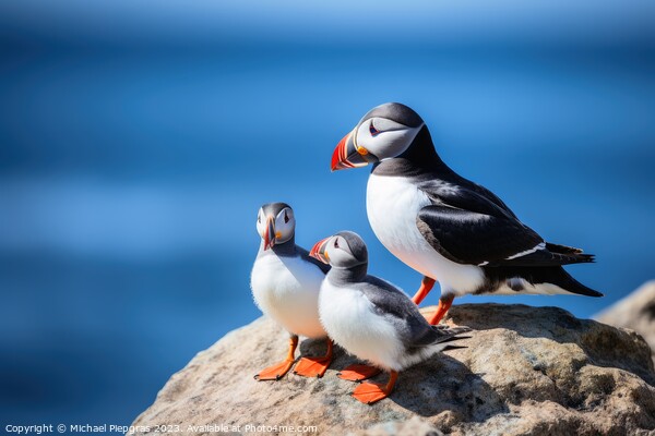 Puffin birds with babies at a coast. Picture Board by Michael Piepgras