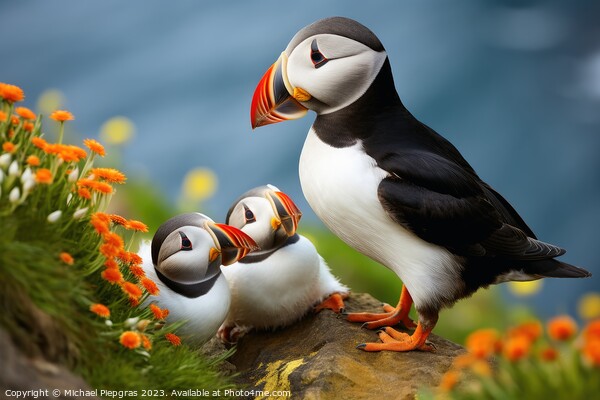 Puffin birds with babies at a coast. Picture Board by Michael Piepgras