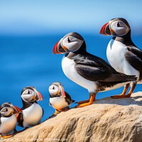 Buy canvas prints of Puffin birds with babies at a coast. by Michael Piepgras