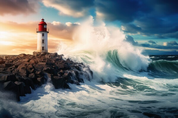 Big ocean waves crashing into the rocks at a lighthouse. Picture Board by Michael Piepgras