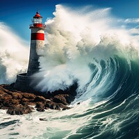 Buy canvas prints of Big ocean waves crashing into the rocks at a lighthouse. by Michael Piepgras