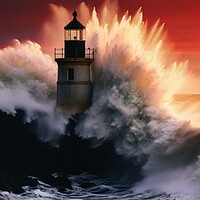 Buy canvas prints of Big ocean waves crashing into the rocks at a lighthouse. by Michael Piepgras
