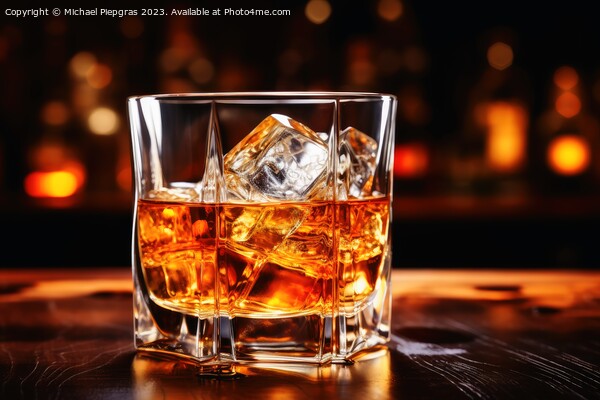 Close up of a glass of whiskey with ice at a bar. Picture Board by Michael Piepgras