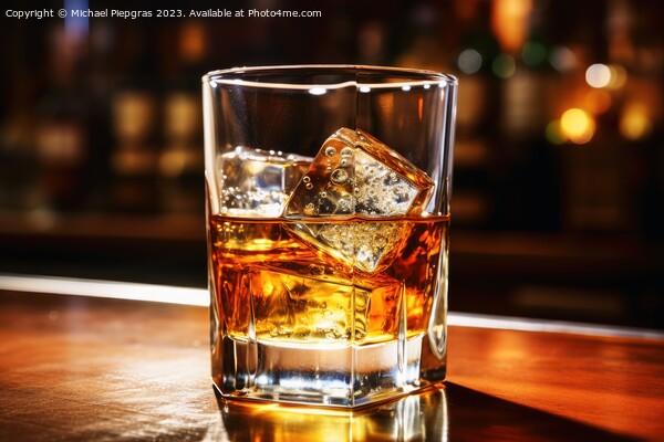 Close up of a glass of whiskey with ice at a bar. Picture Board by Michael Piepgras